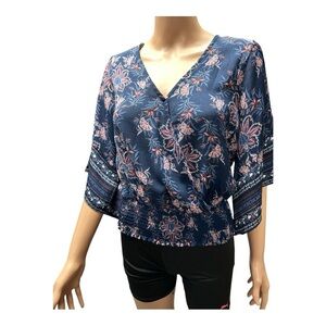 Twine & String - EC - Boxy Relaxed Blue and Pink 3/4 Sleeve Blouse